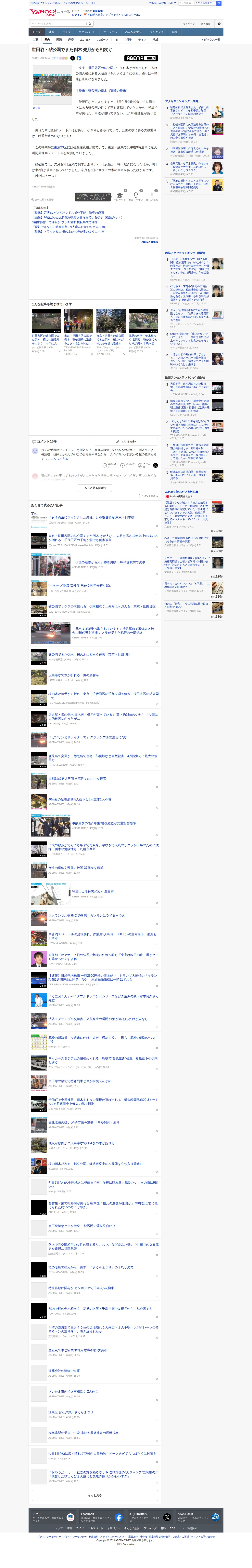 世田谷・砧公園でまた倒木 先月から相次ぐ(ABEMA TIMES) - Yahoo!ニュース - 保存されたスクリーンショット