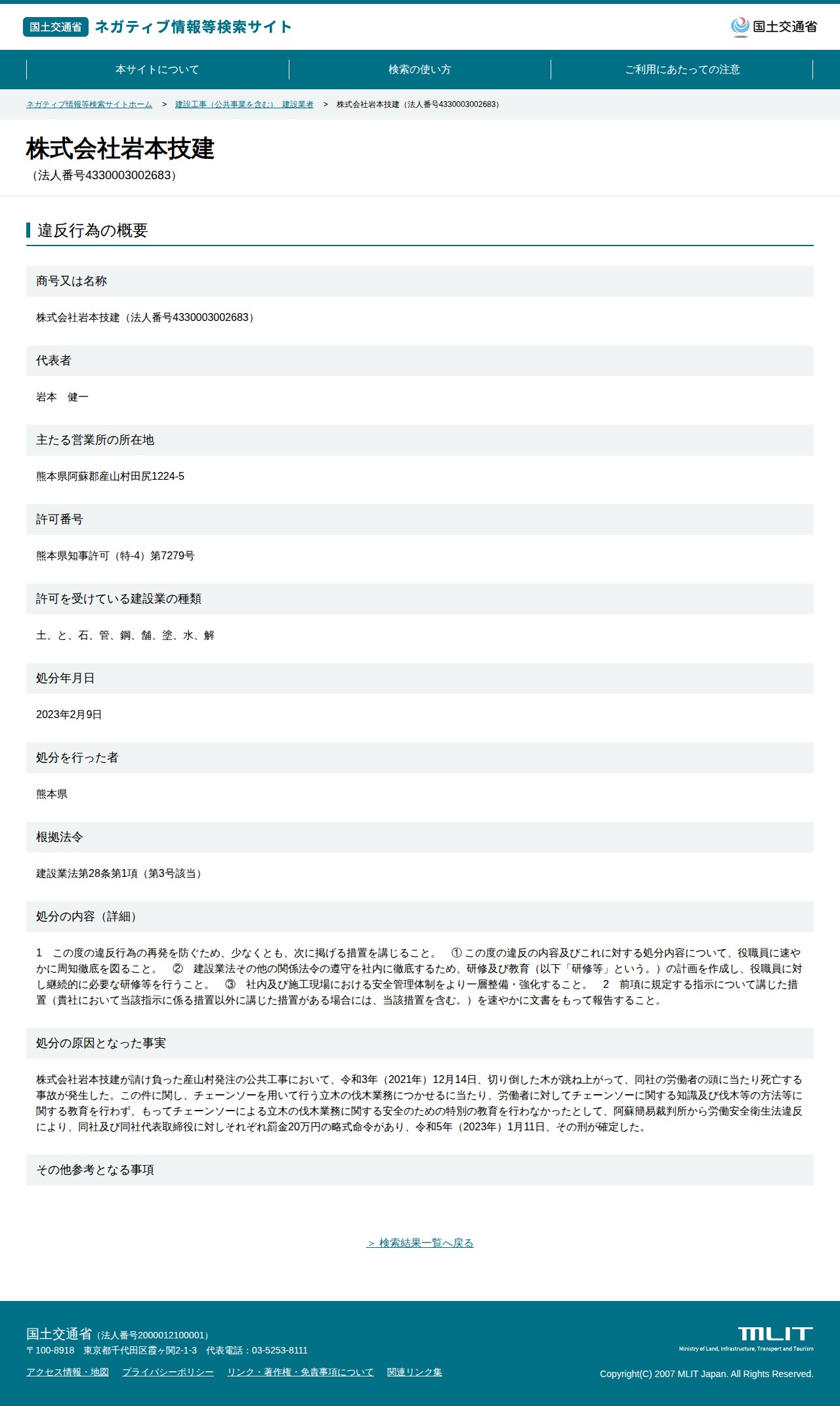 株式会社岩本技建(法人番号4330003002683) - 国土交通省 ネガティブ情報等検索サイト - 保存されたスクリーンショット