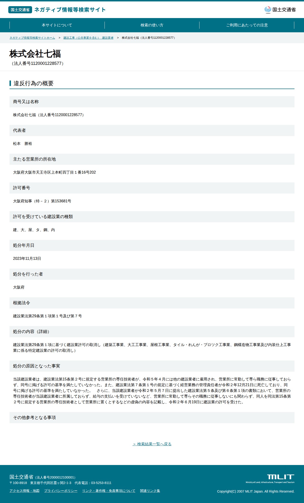 株式会社七福(法人番号1120001228577) - 国土交通省 ネガティブ情報等検索サイト - 保存されたスクリーンショット