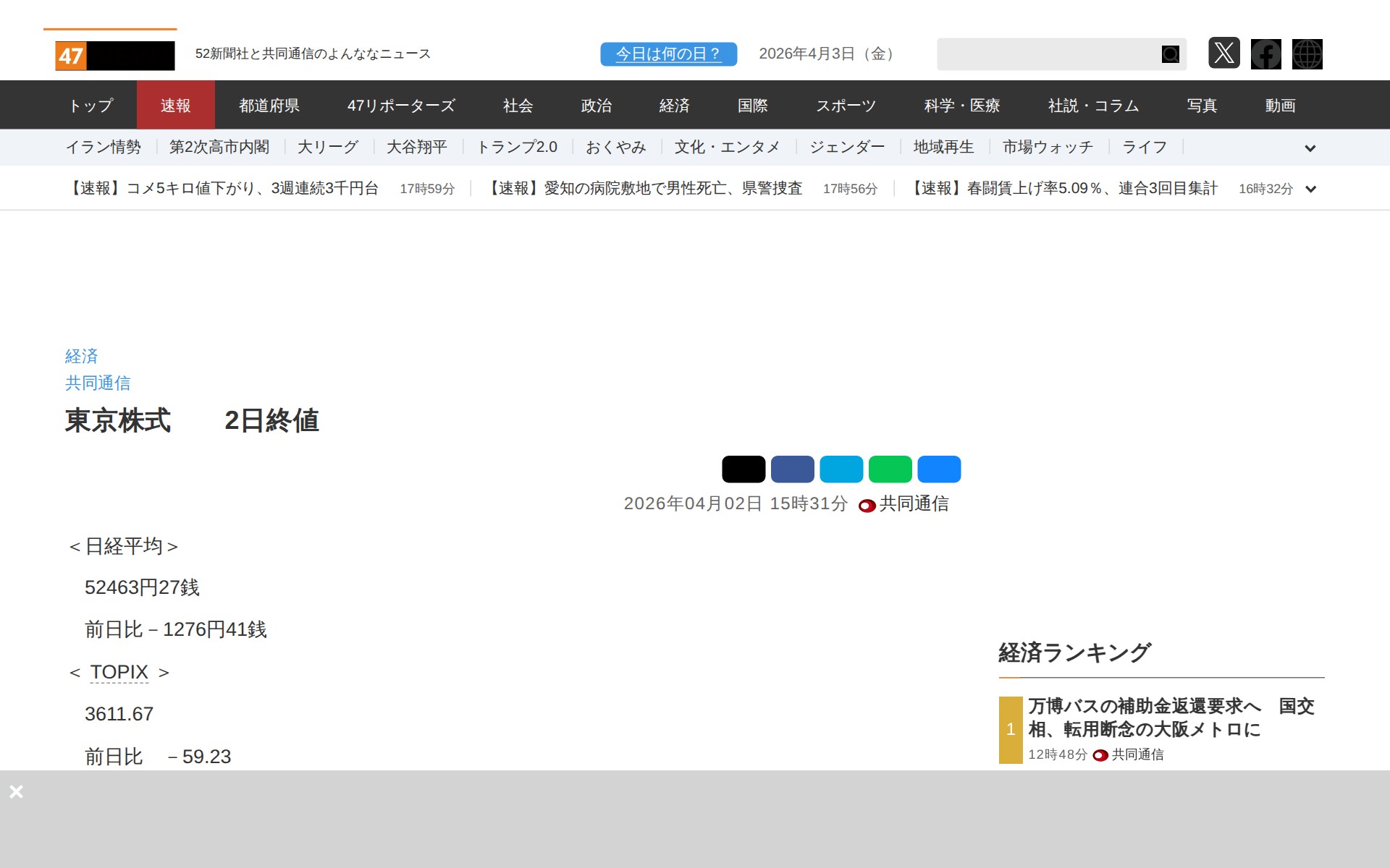 東京株式 2日終値 |47NEWS(よんななニュース) - 保存されたスクリーンショット