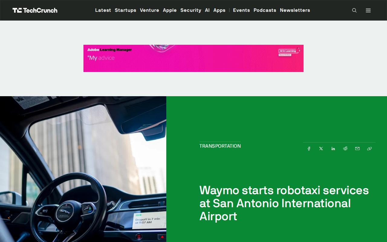 Waymo starts robotaxi services at San Antonio International Airport | TechCrunch - Saved screenshot
