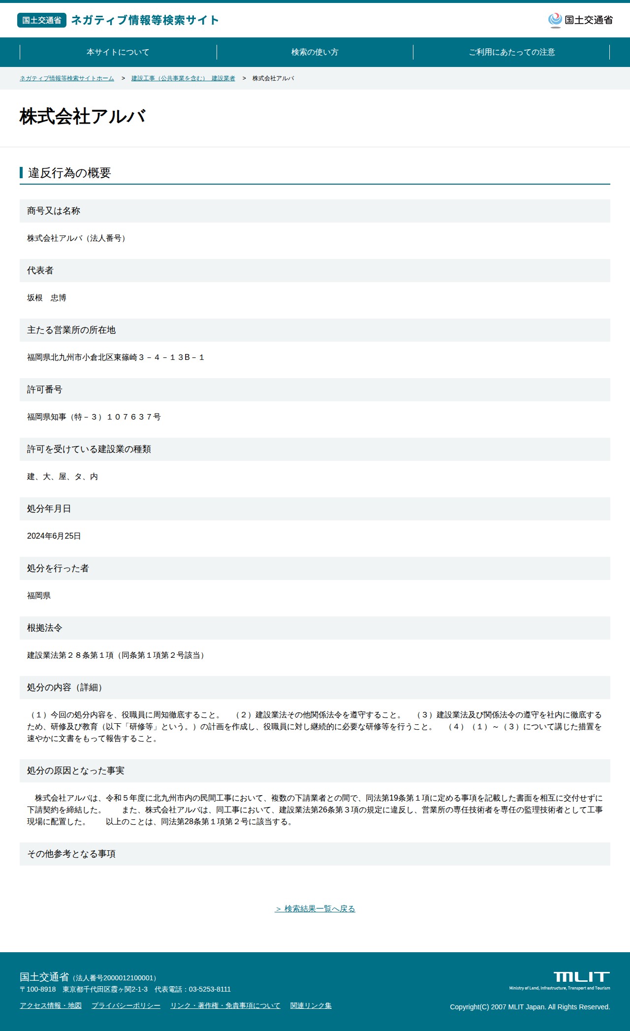 株式会社アルバ - 国土交通省 ネガティブ情報等検索サイト - 保存されたスクリーンショット