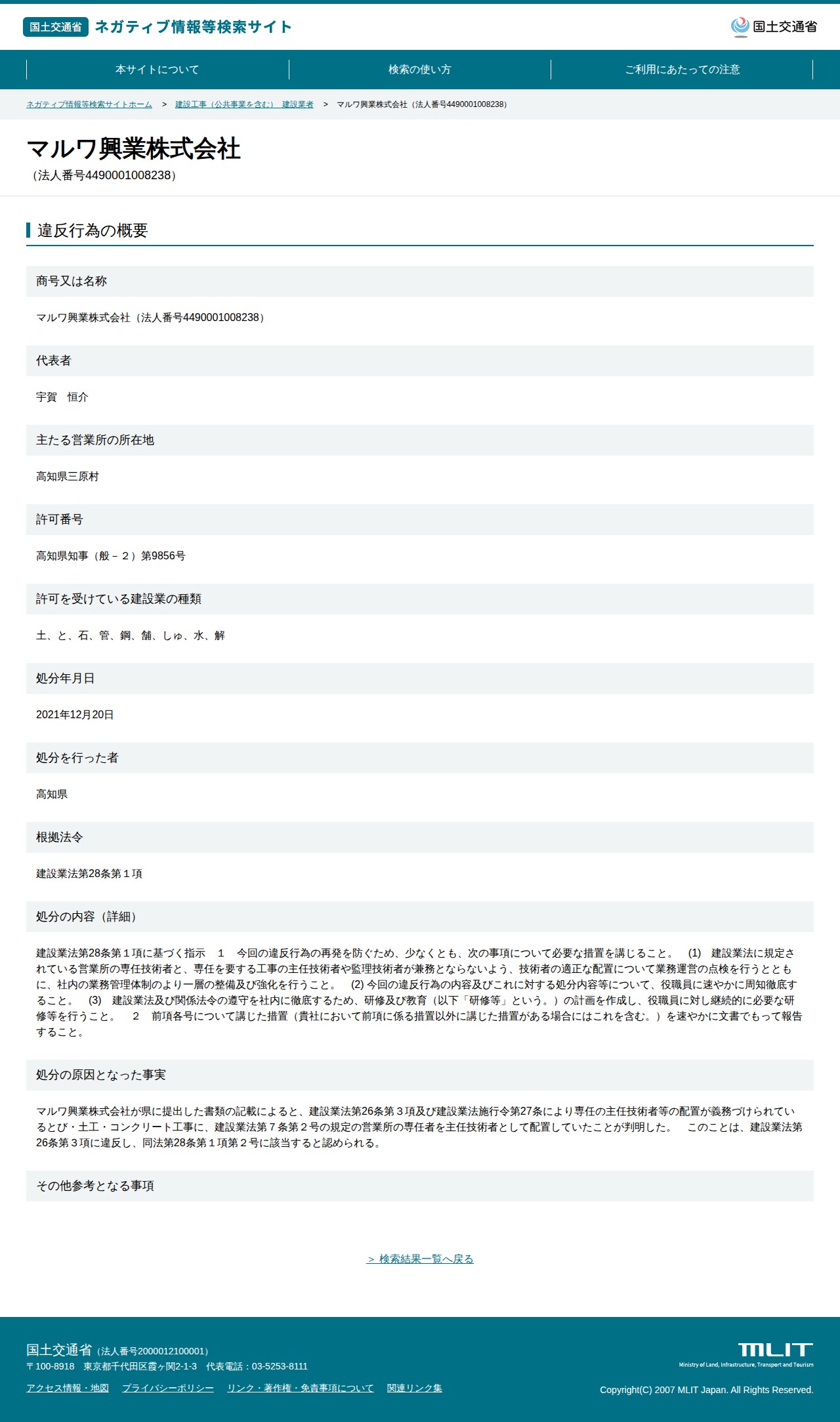 マルワ興業株式会社(法人番号4490001008238) - 国土交通省 ネガティブ情報等検索サイト - 保存されたスクリーンショット