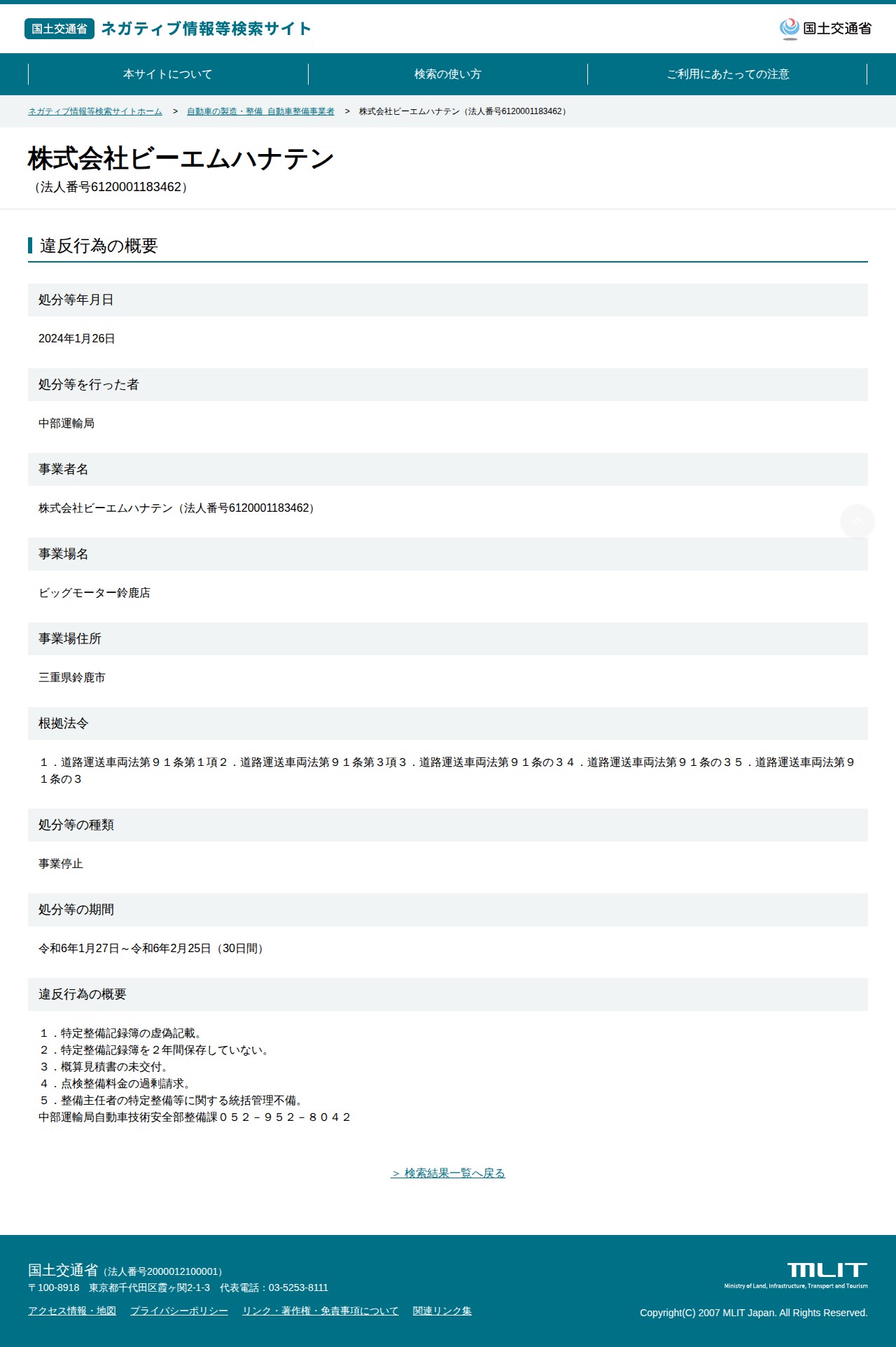 株式会社ビーエムハナテン(法人番号6120001183462) - 国土交通省 ネガティブ情報等検索サイト - 保存されたスクリーンショット