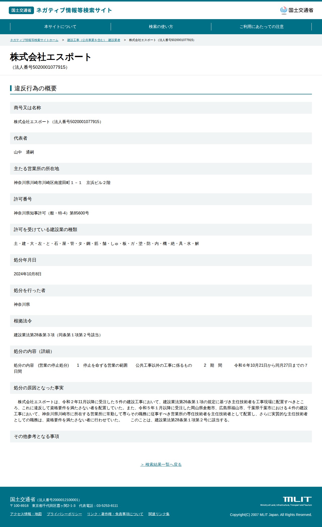 株式会社エスポート(法人番号5020001077915) - 国土交通省 ネガティブ情報等検索サイト - 保存されたスクリーンショット