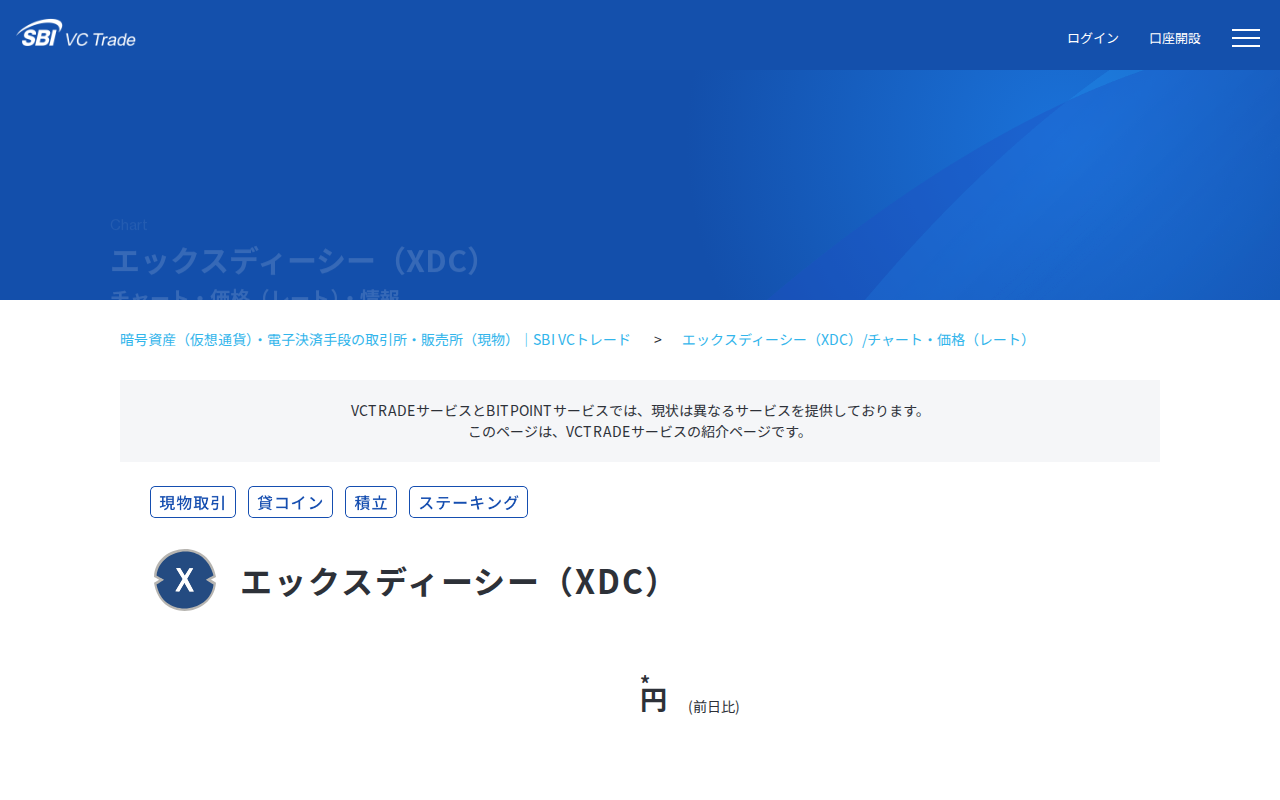 エックスディーシー(XDC)のチャート・価格(レート)・情報|暗号資産(仮想通貨)・電子決済手段の取引所|SBI VCトレード - 保存されたスクリーンショット