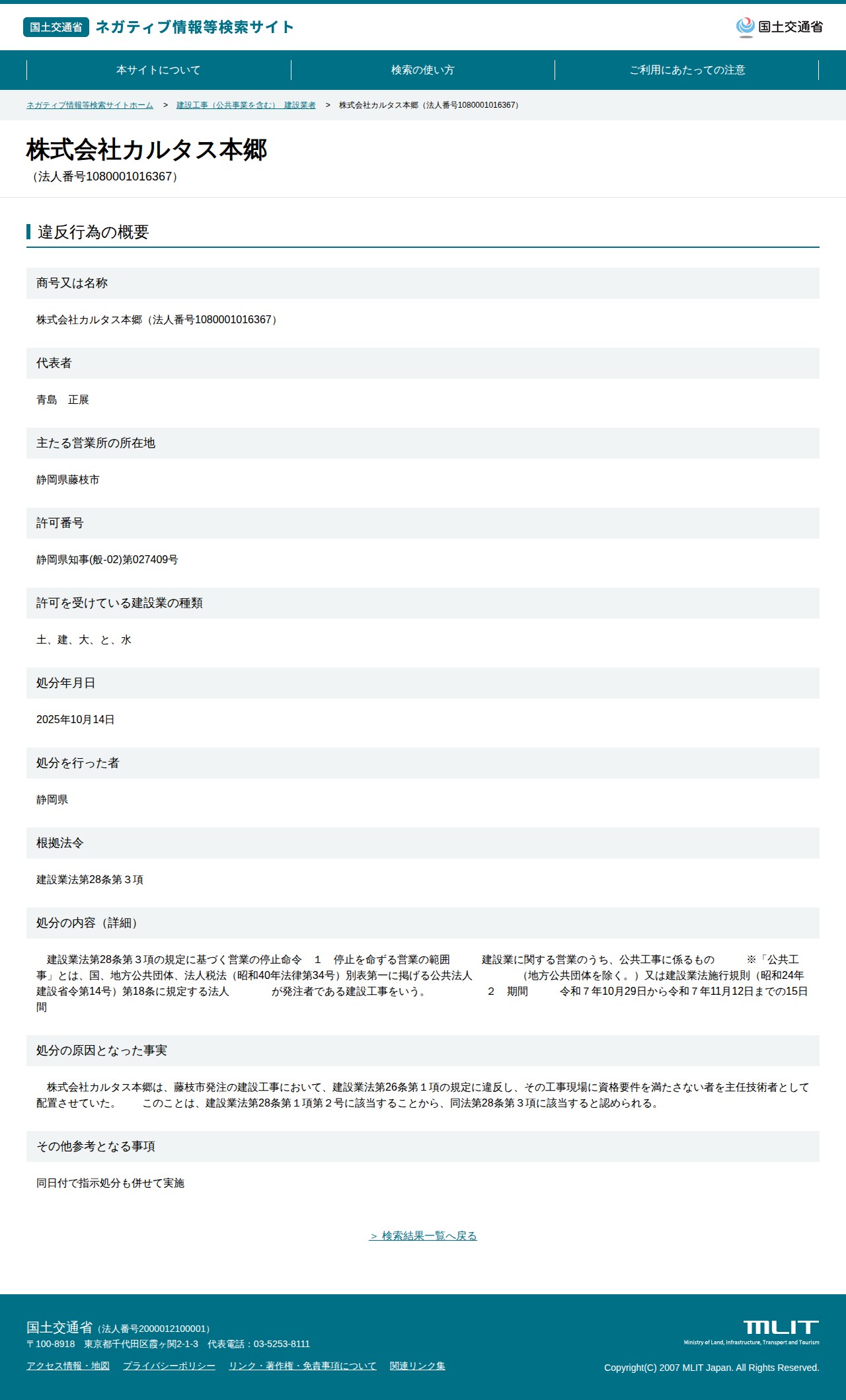 株式会社カルタス本郷(法人番号1080001016367) - 国土交通省 ネガティブ情報等検索サイト - 保存されたスクリーンショット