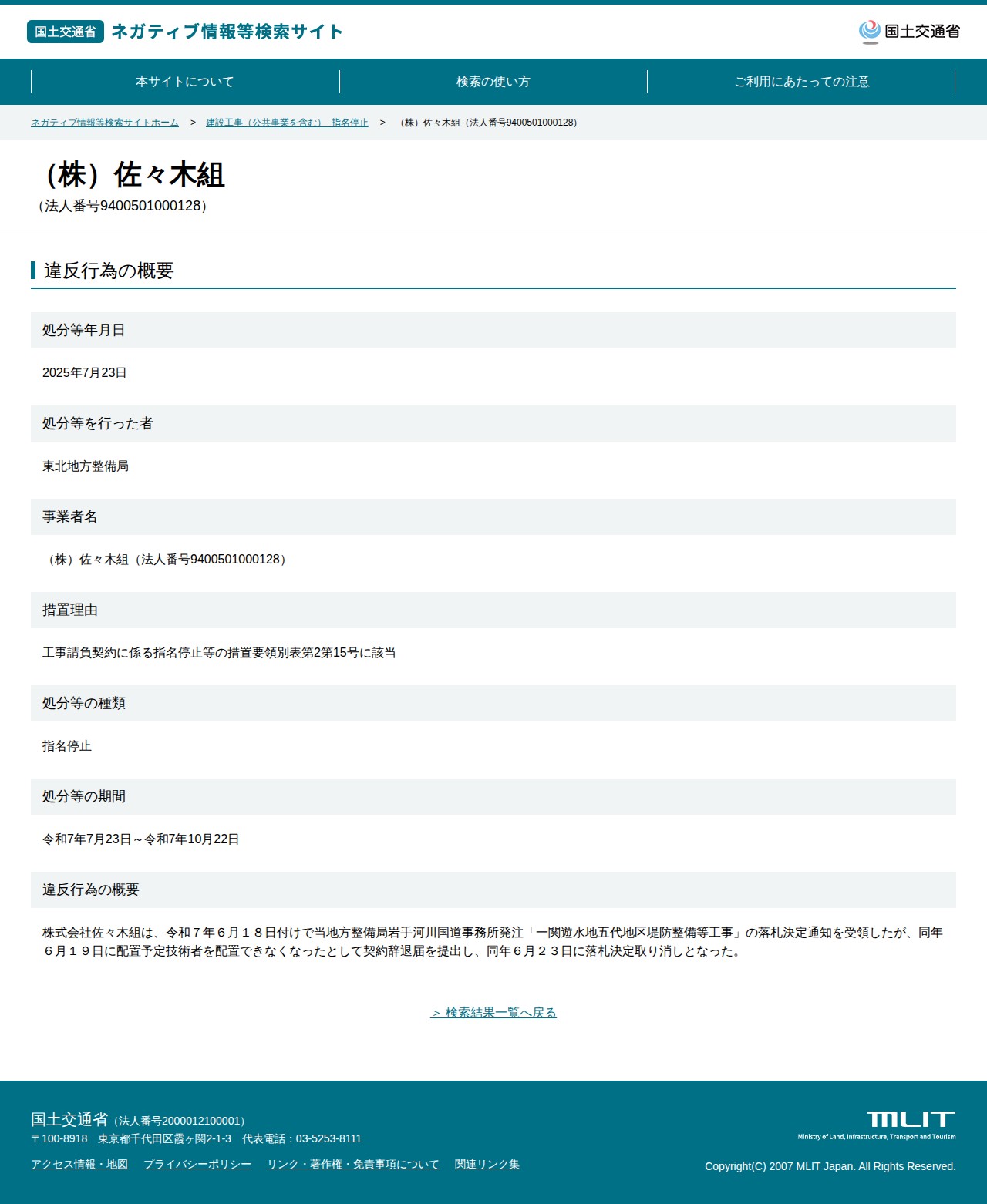 (株)佐々木組(法人番号9400501000128) - 国土交通省 ネガティブ情報等検索サイト - 保存されたスクリーンショット