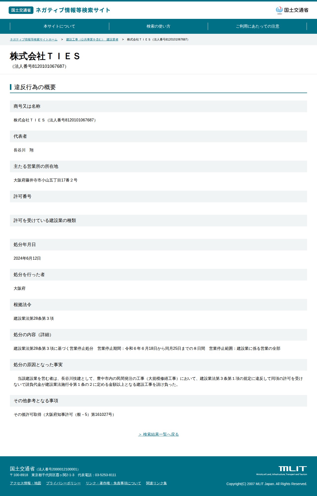 株式会社TIES(法人番号8120101067687) - 国土交通省 ネガティブ情報等検索サイト - 保存されたスクリーンショット