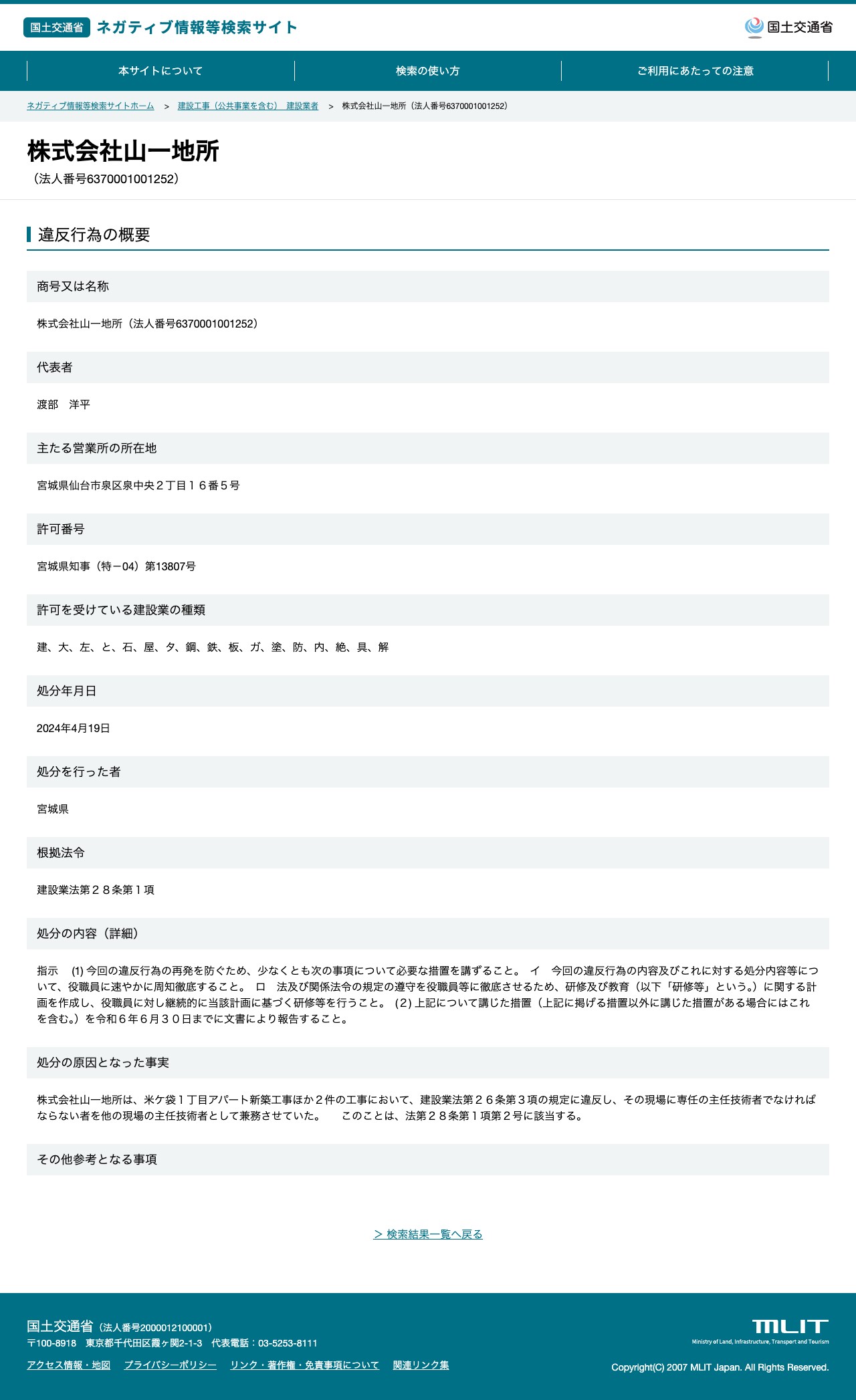 株式会社山一地所(法人番号6370001001252) - 国土交通省 ネガティブ情報等検索サイト - 保存されたスクリーンショット