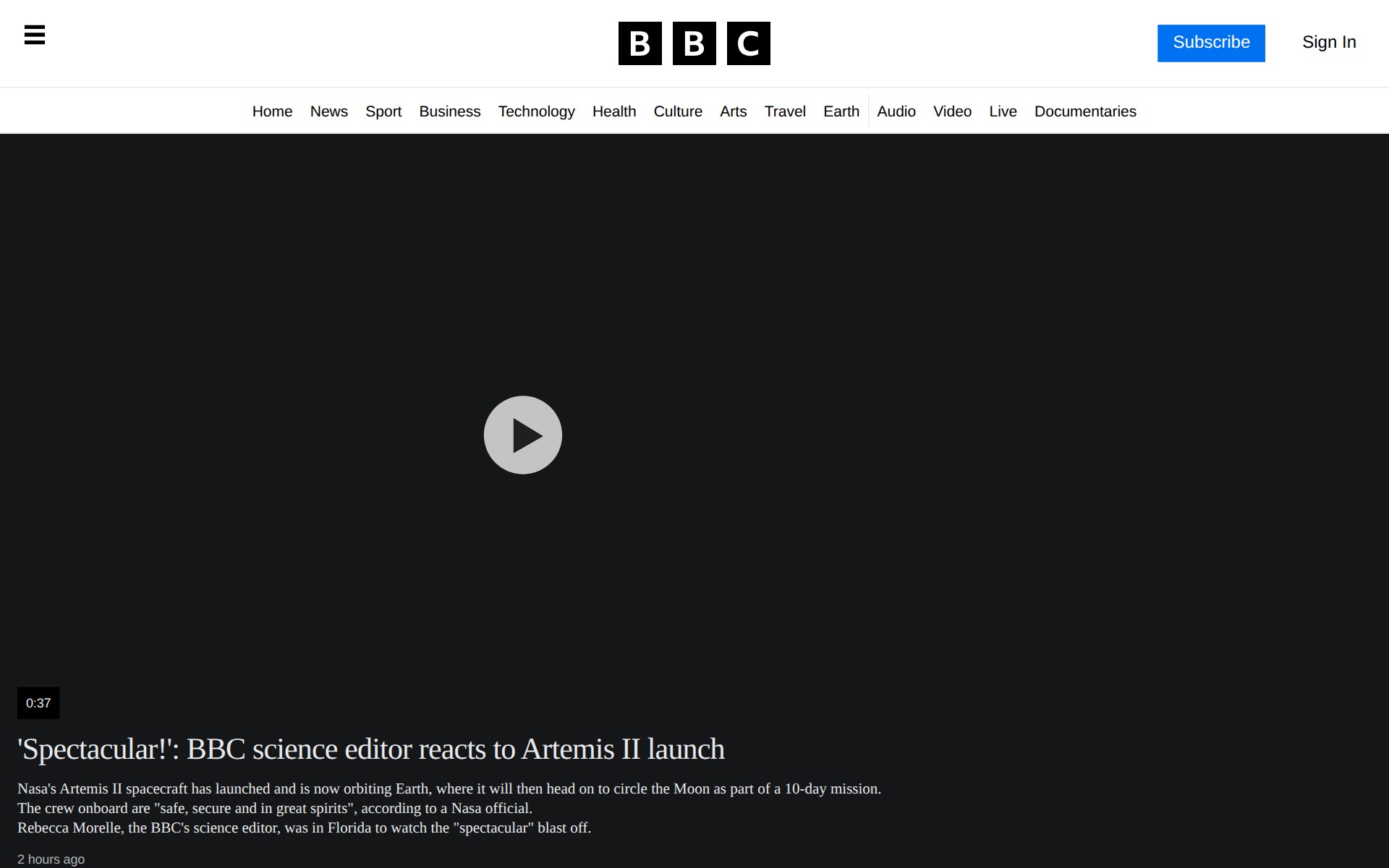 'Spectacular!': BBC science editor reacts to Artemis II launch - 保存されたスクリーンショット