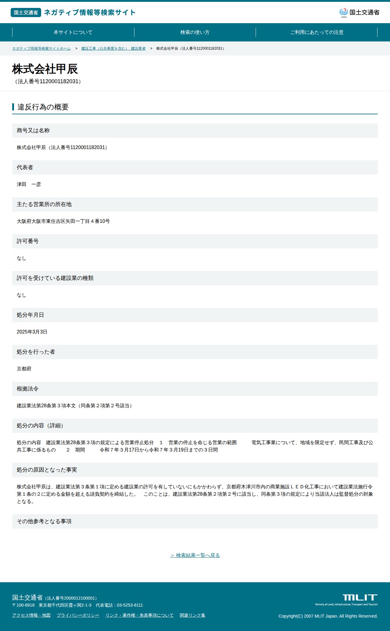株式会社甲辰(法人番号1120001182031) - 国土交通省 ネガティブ情報等検索サイト - 保存されたスクリーンショット