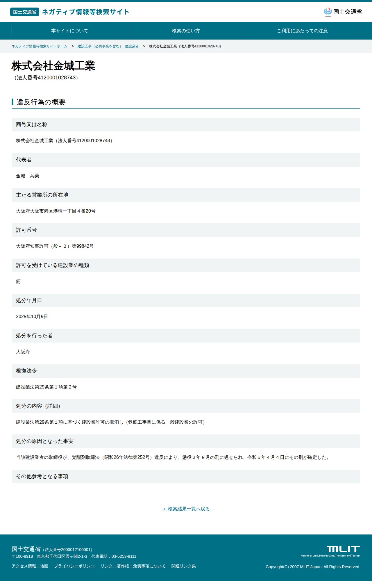 株式会社金城工業(法人番号4120001028743) - 国土交通省 ネガティブ情報等検索サイト - 保存されたスクリーンショット