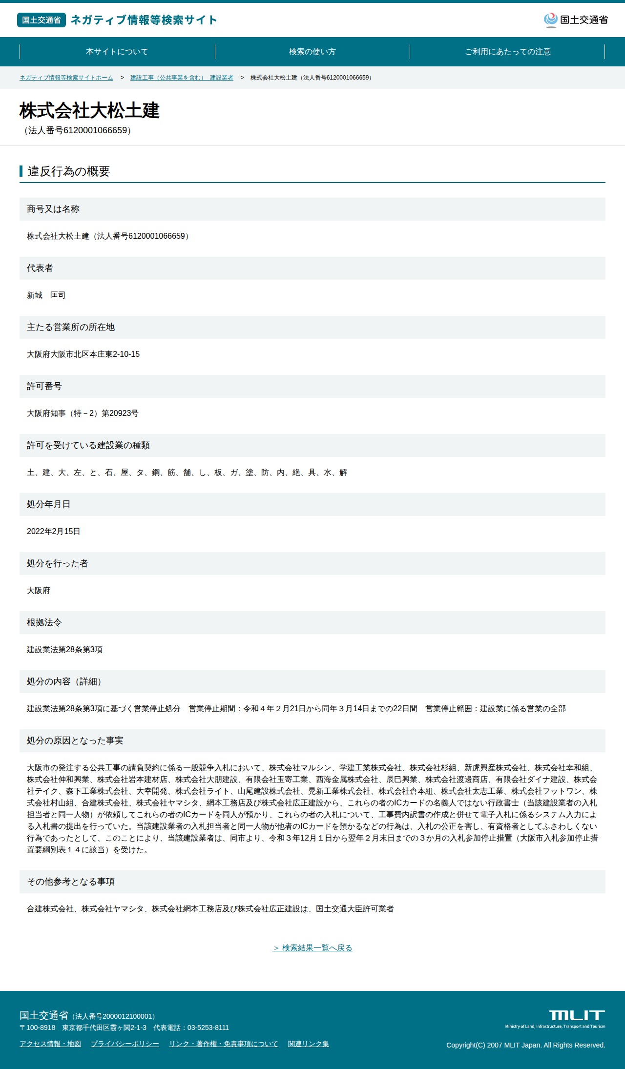 株式会社大松土建(法人番号6120001066659) - 国土交通省 ネガティブ情報等検索サイト - 保存されたスクリーンショット