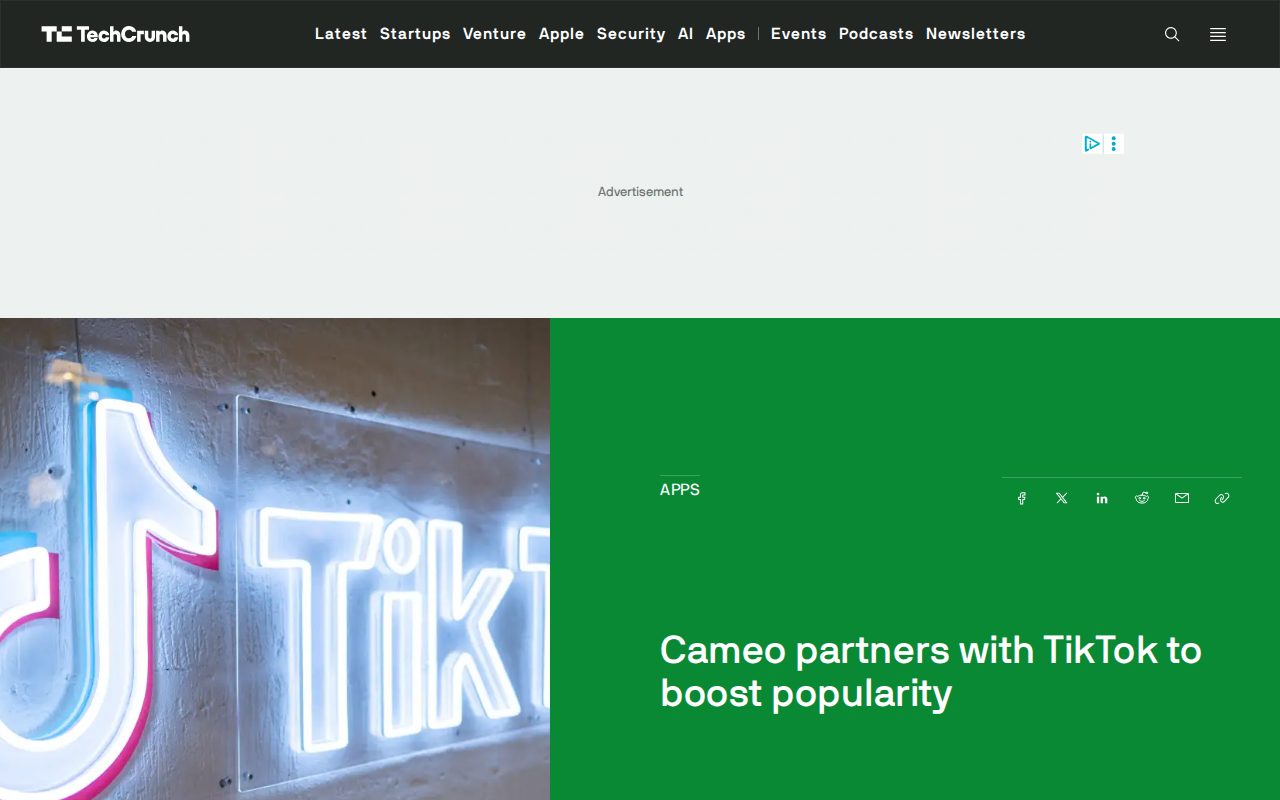 Cameo partners with TikTok to boost popularity | TechCrunch - Saved screenshot