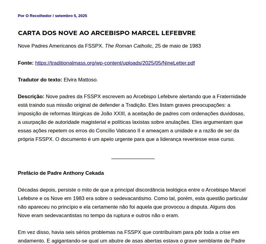 Carta dos Nove ao Arcebispo Marcel Lefebvre - O Recolhedor - Saved screenshot