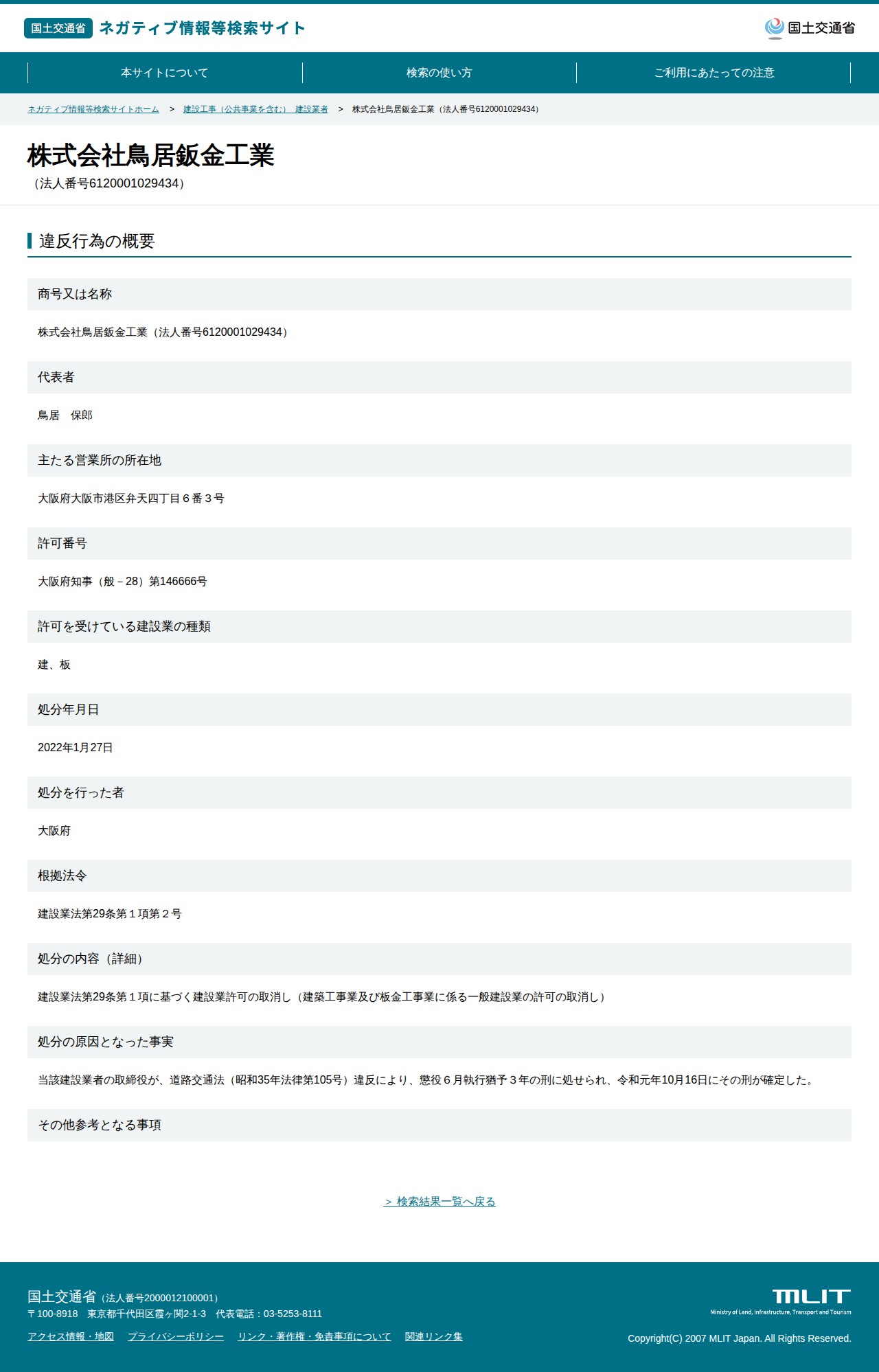 株式会社鳥居鈑金工業(法人番号6120001029434) - 国土交通省 ネガティブ情報等検索サイト - 保存されたスクリーンショット