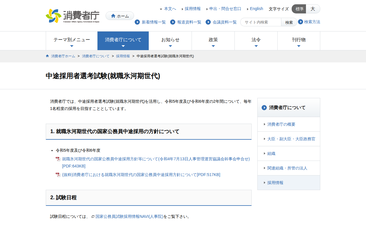 中途採用者選考試験(就職氷河期世代) | 消費者庁 - 保存されたスクリーンショット