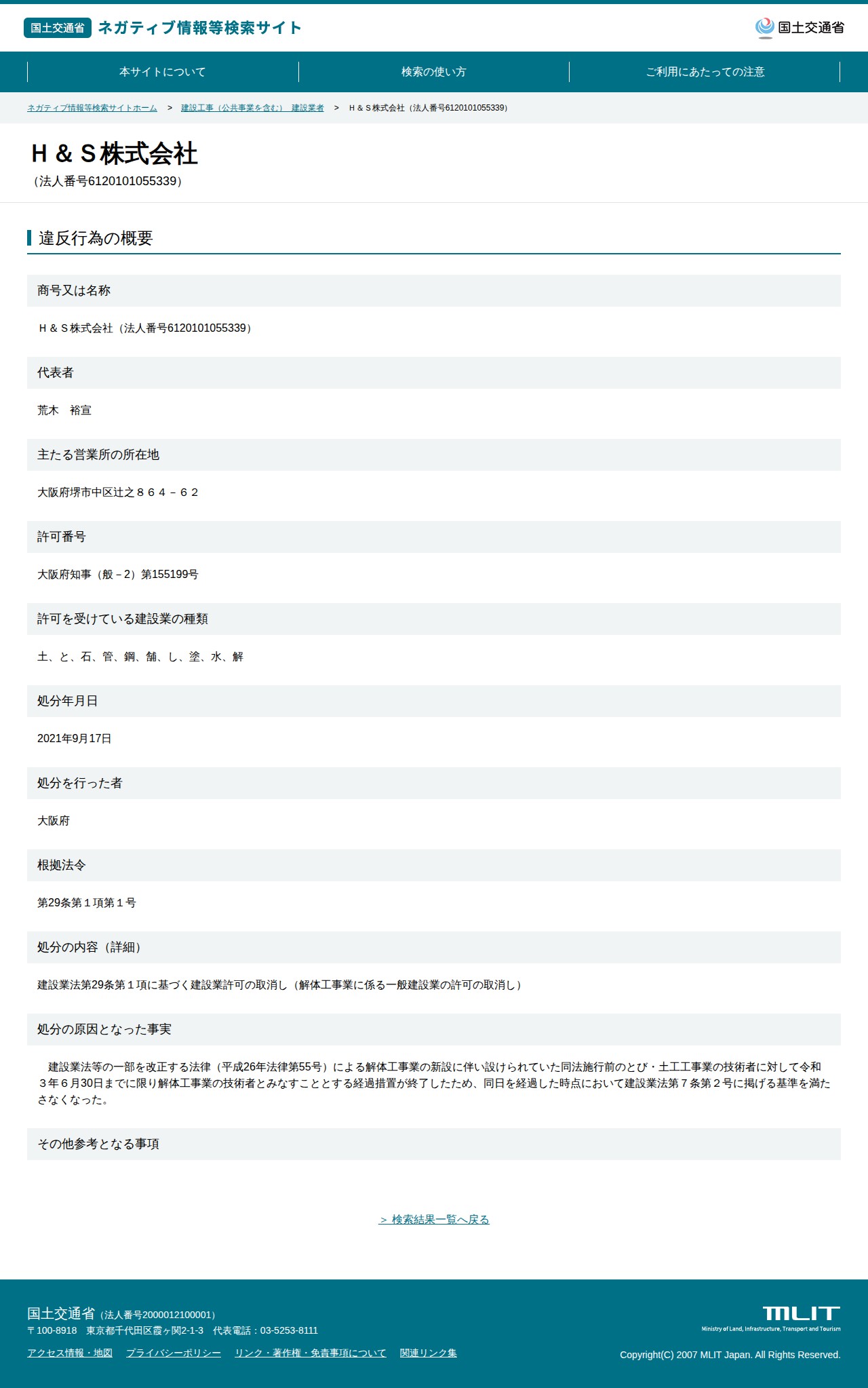 H&S株式会社(法人番号6120101055339) - 国土交通省 ネガティブ情報等検索サイト - 保存されたスクリーンショット