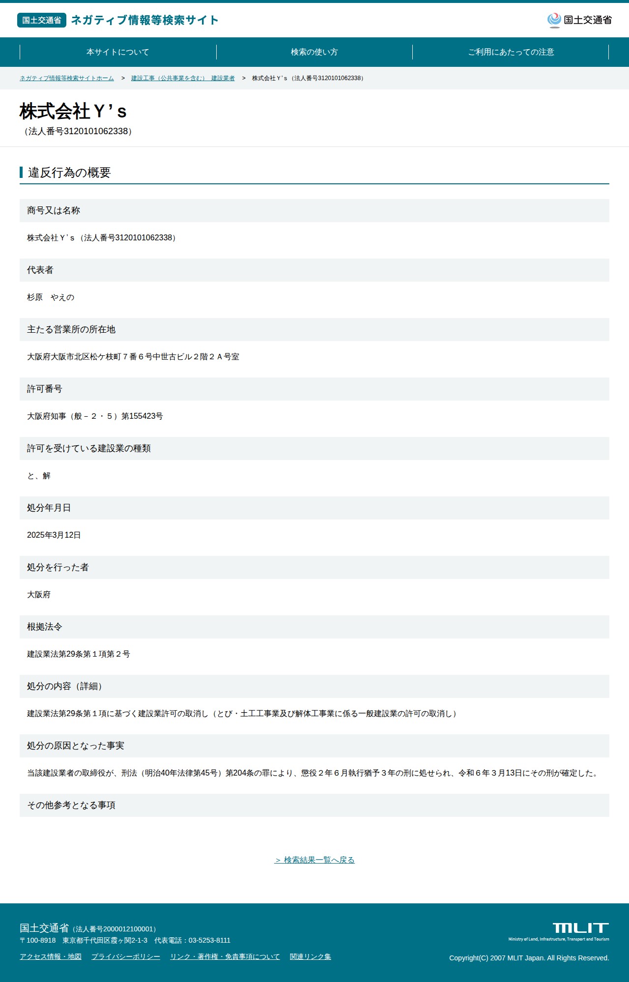 株式会社Y’s(法人番号3120101062338) - 国土交通省 ネガティブ情報等検索サイト - 保存されたスクリーンショット