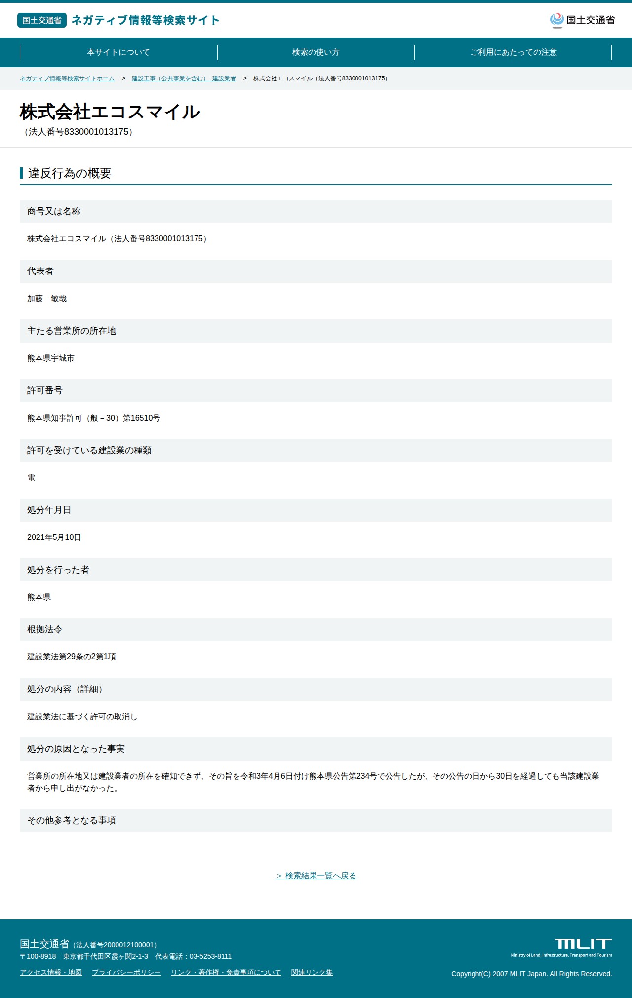 株式会社エコスマイル(法人番号8330001013175) - 国土交通省 ネガティブ情報等検索サイト - 保存されたスクリーンショット