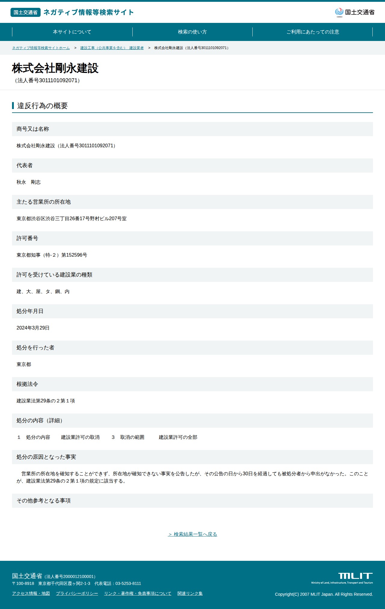 株式会社剛永建設(法人番号3011101092071) - 国土交通省 ネガティブ情報等検索サイト - 保存されたスクリーンショット