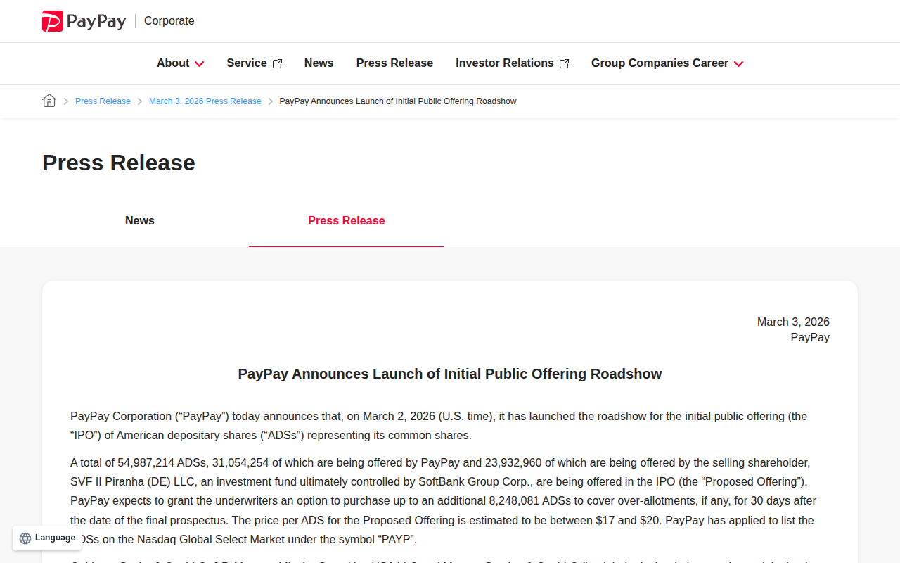 PayPay Announces Launch of Initial Public Offering Roadshow | March 3, 2026 Press Release | PayPay Corporation - 保存されたスクリーンショット