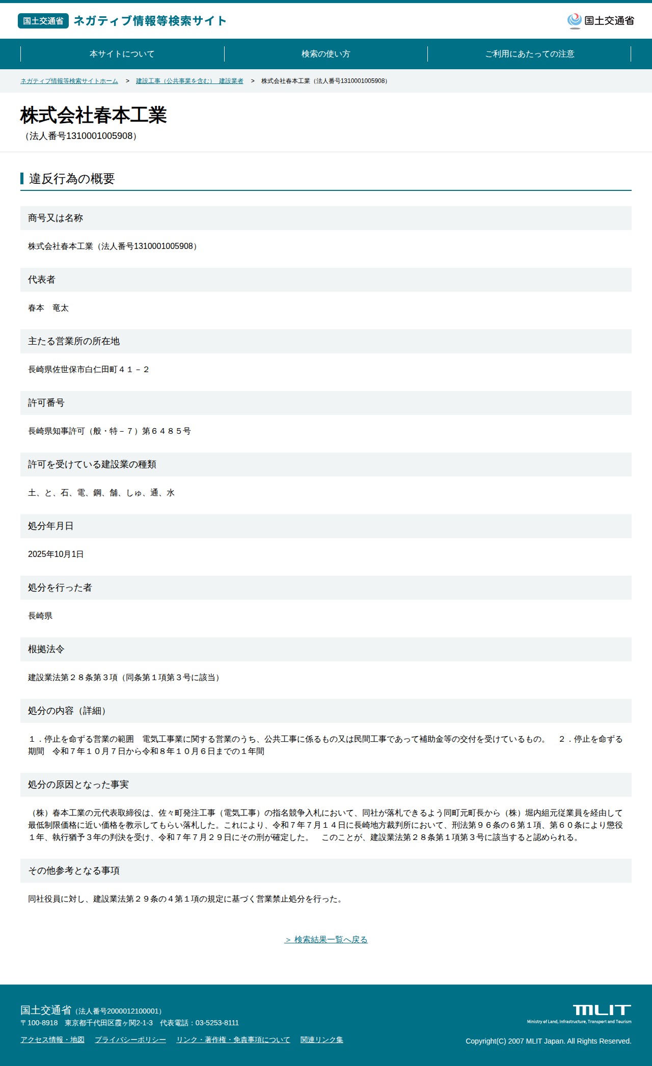 株式会社春本工業(法人番号1310001005908) - 国土交通省 ネガティブ情報等検索サイト - 保存されたスクリーンショット