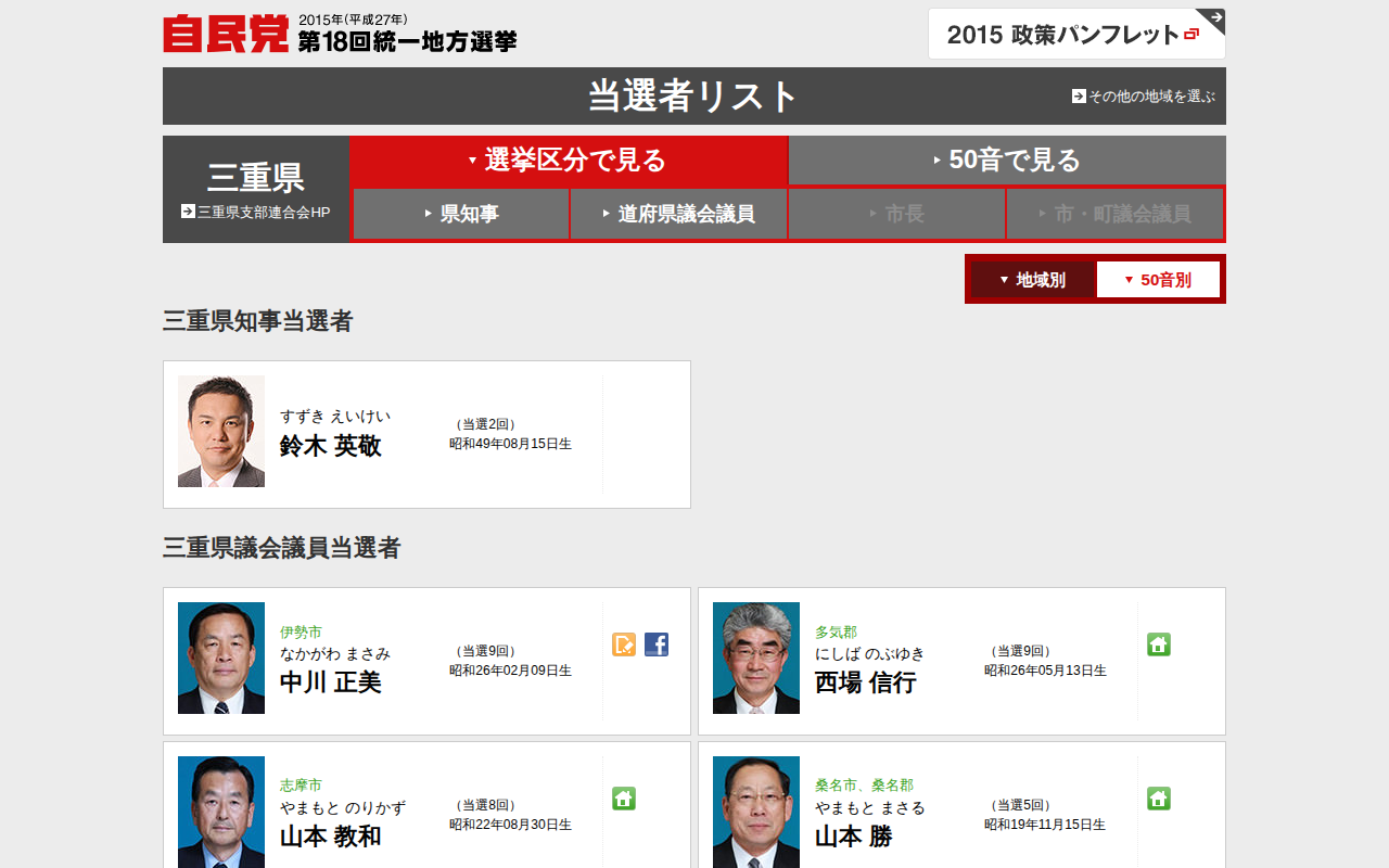三重県 当選者一覧 「地方こそ、成長の主役」平成27年度 第18回 統一地方選挙|自由民主党 - 保存されたスクリーンショット