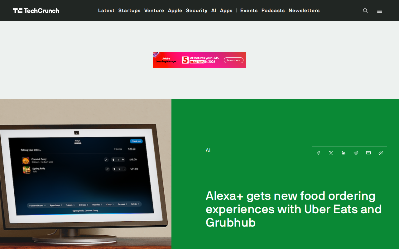 Alexa+ gets new food ordering experiences with Uber Eats and Grubhub | TechCrunch - Saved screenshot