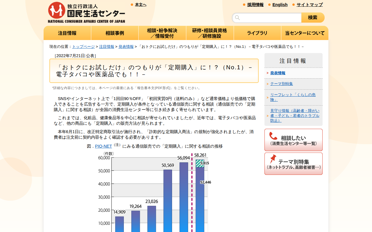 「おトクにお試しだけ」のつもりが「定期購入」に!?(No.1)-電子タバコや医薬品でも!!-(発表情報)_国民生活センター - 保存されたスクリーンショット