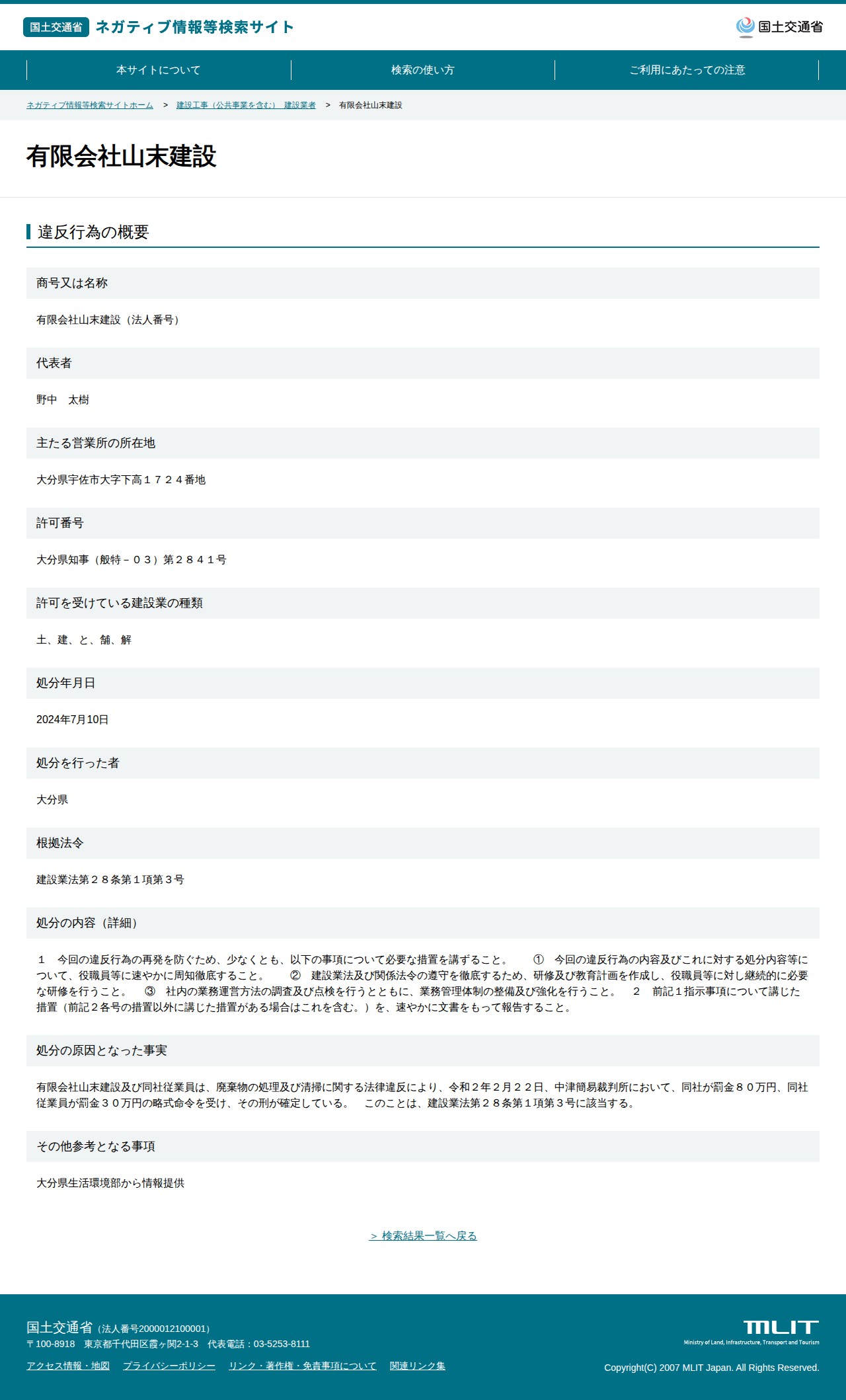 有限会社山末建設 - 国土交通省 ネガティブ情報等検索サイト - 保存されたスクリーンショット