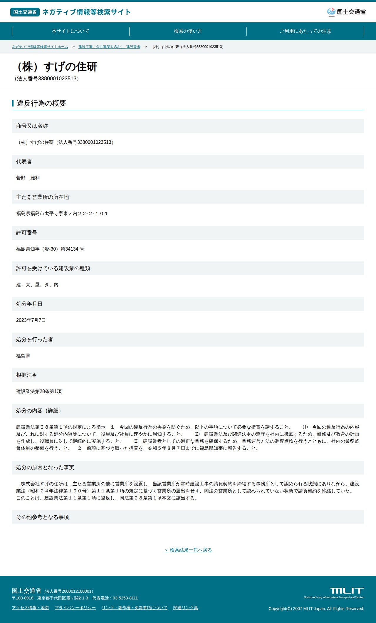 (株)すげの住研(法人番号3380001023513) - 国土交通省 ネガティブ情報等検索サイト - 保存されたスクリーンショット
