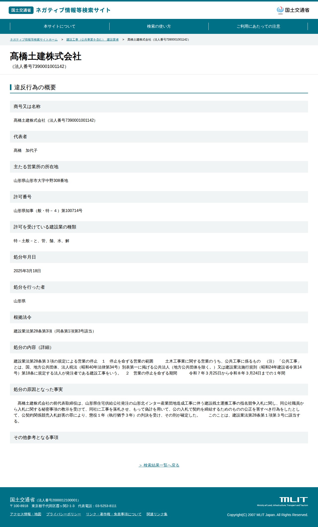 髙橋土建株式会社(法人番号7390001001142) - 国土交通省 ネガティブ情報等検索サイト - 保存されたスクリーンショット