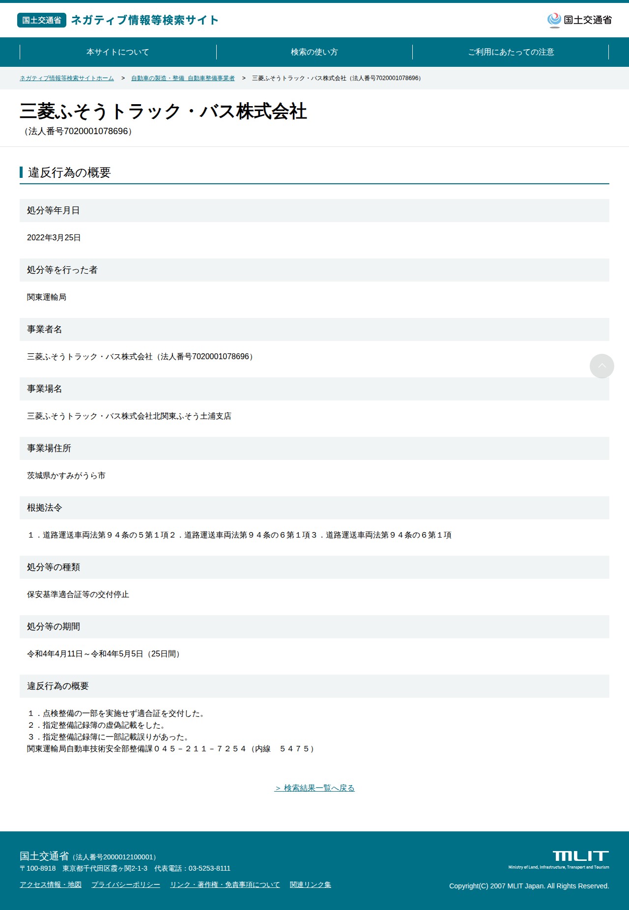 三菱ふそうトラック・バス株式会社(法人番号7020001078696) - 国土交通省 ネガティブ情報等検索サイト - 保存されたスクリーンショット