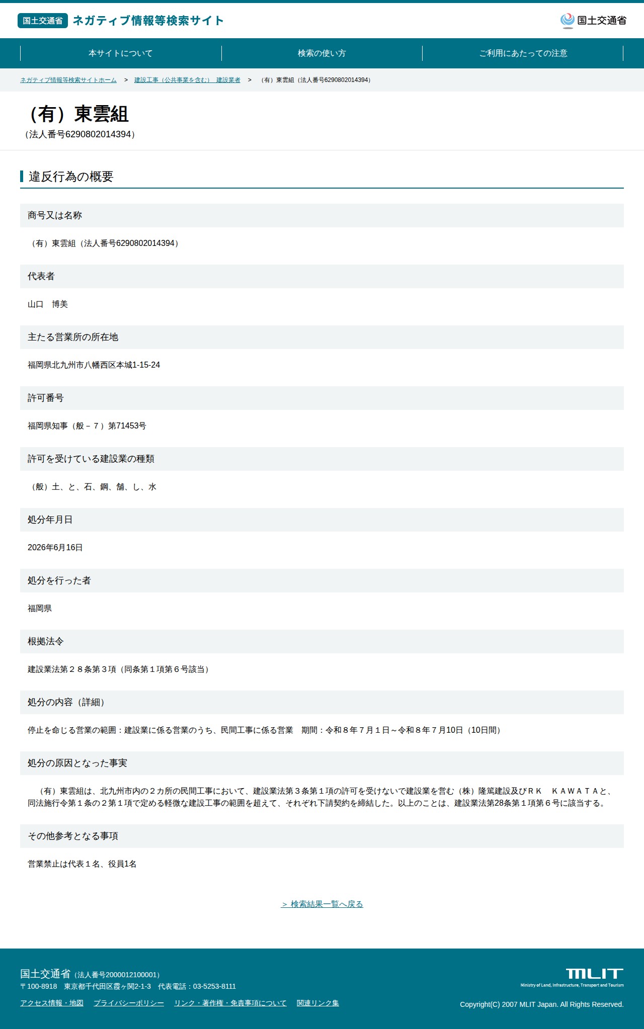 (有)東雲組(法人番号6290802014394) - 国土交通省 ネガティブ情報等検索サイト - 保存されたスクリーンショット