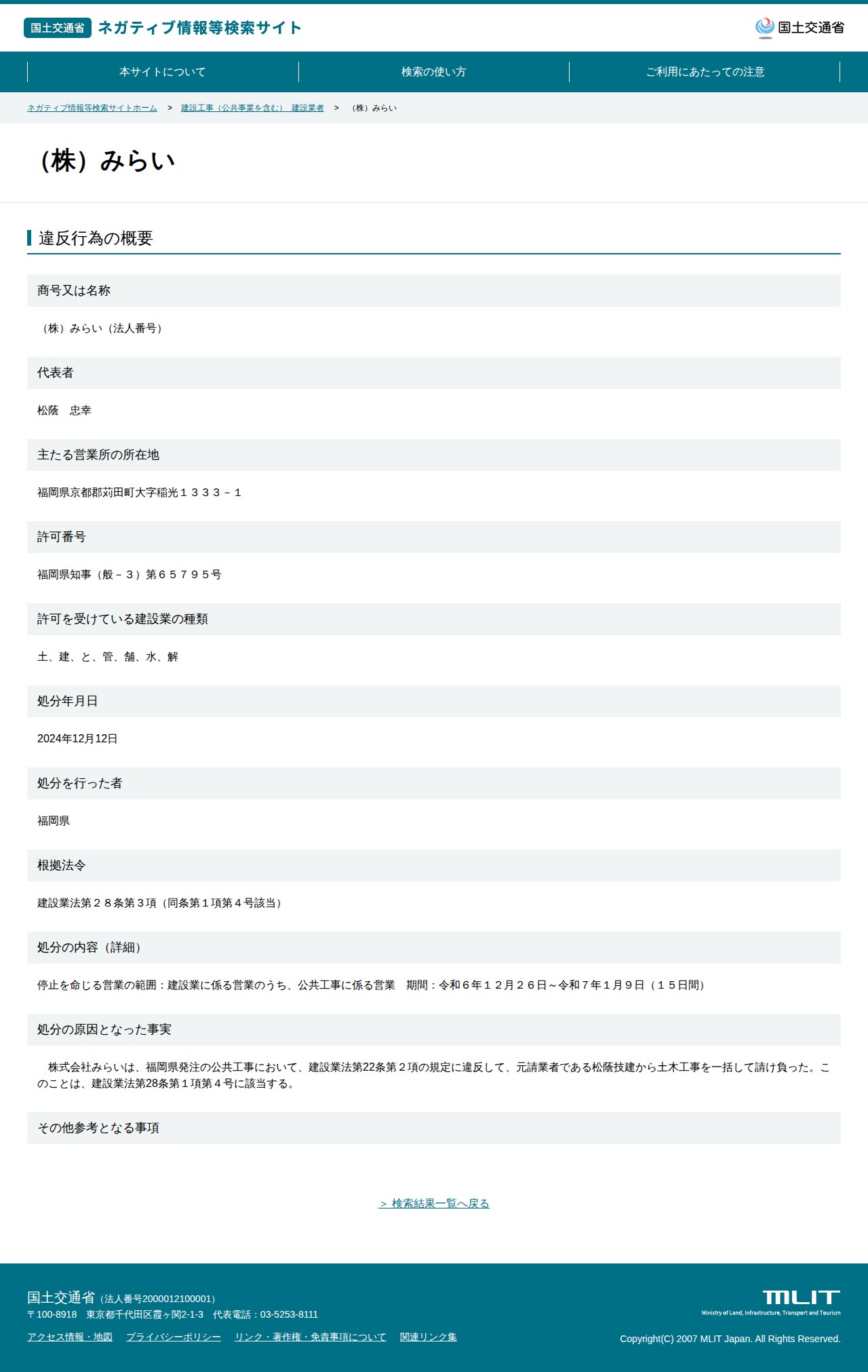 (株)みらい - 国土交通省 ネガティブ情報等検索サイト - 保存されたスクリーンショット