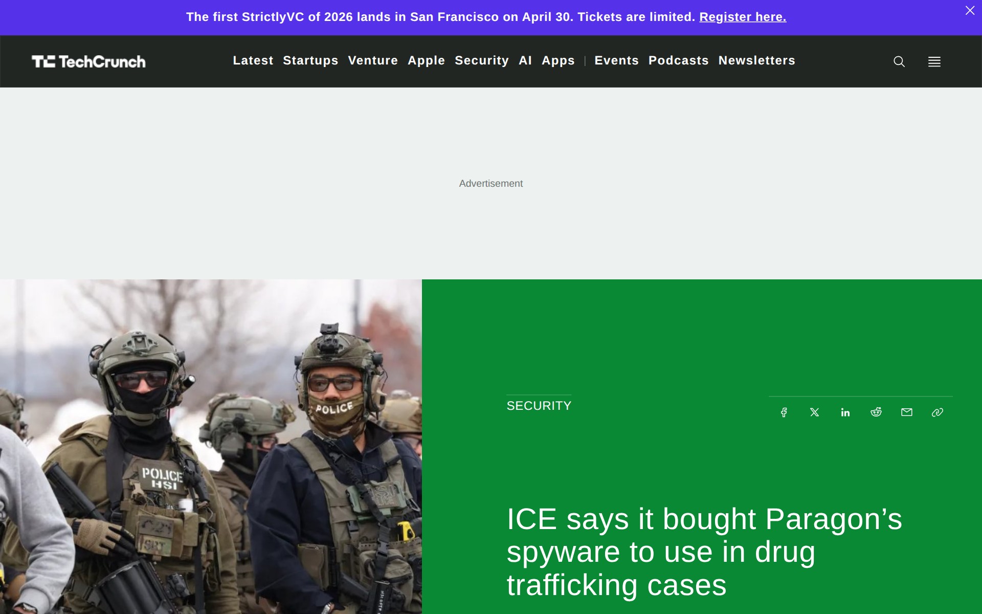 ICE says it bought Paragon's spyware to use in drug trafficking cases | TechCrunch - Saved screenshot