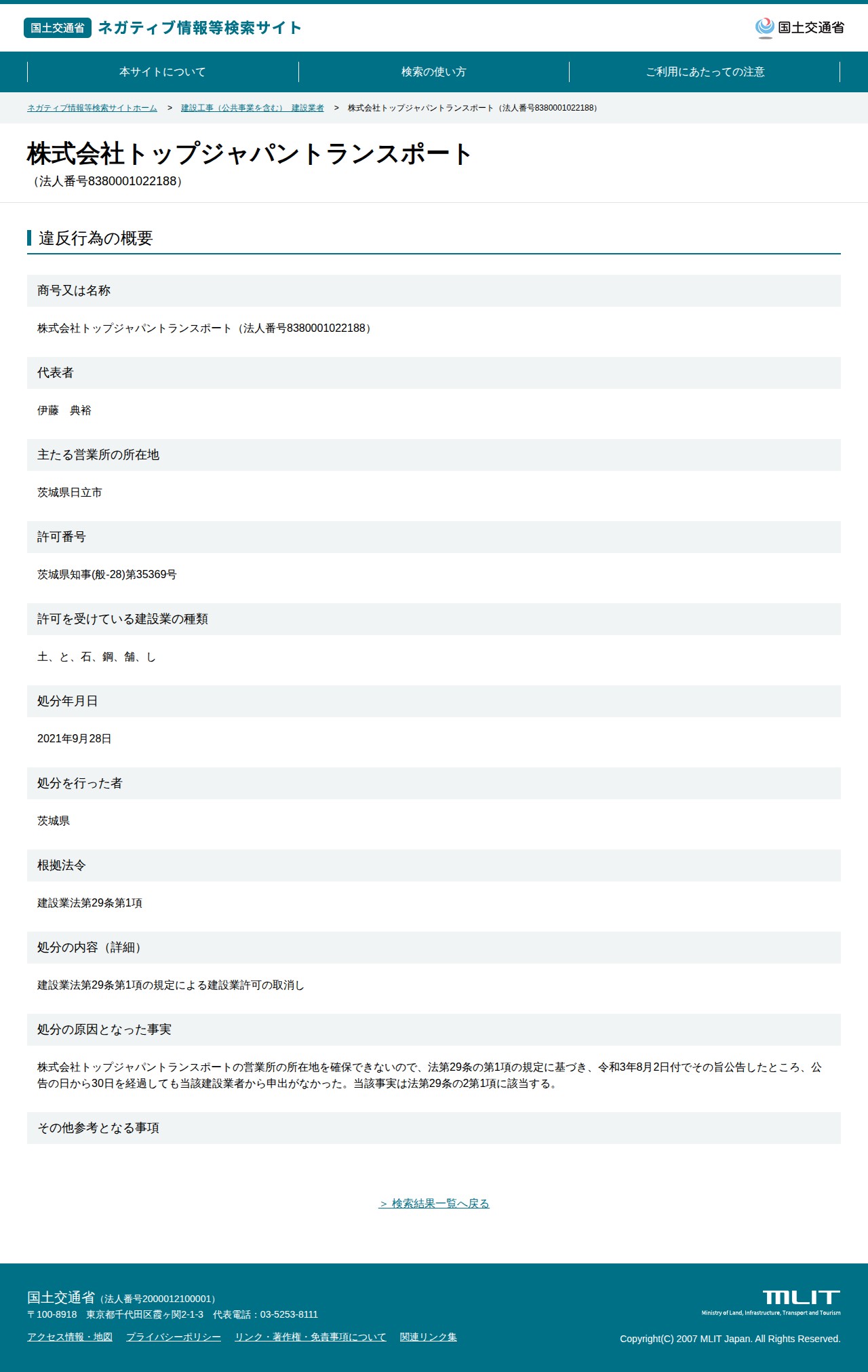 株式会社トップジャパントランスポート(法人番号8380001022188) - 国土交通省 ネガティブ情報等検索サイト - 保存されたスクリーンショット