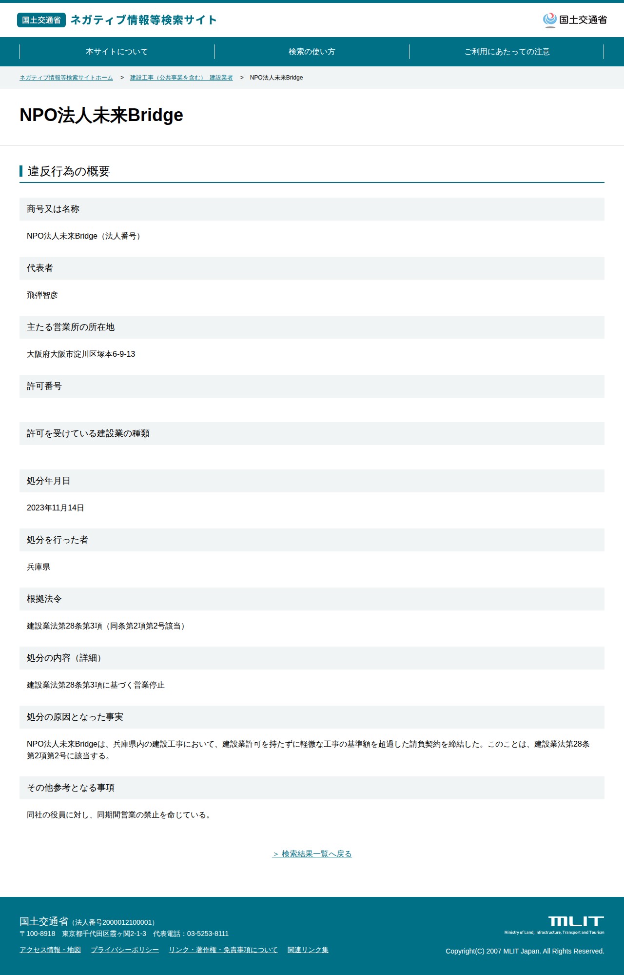 NPO法人未来Bridge - 国土交通省 ネガティブ情報等検索サイト - 保存されたスクリーンショット