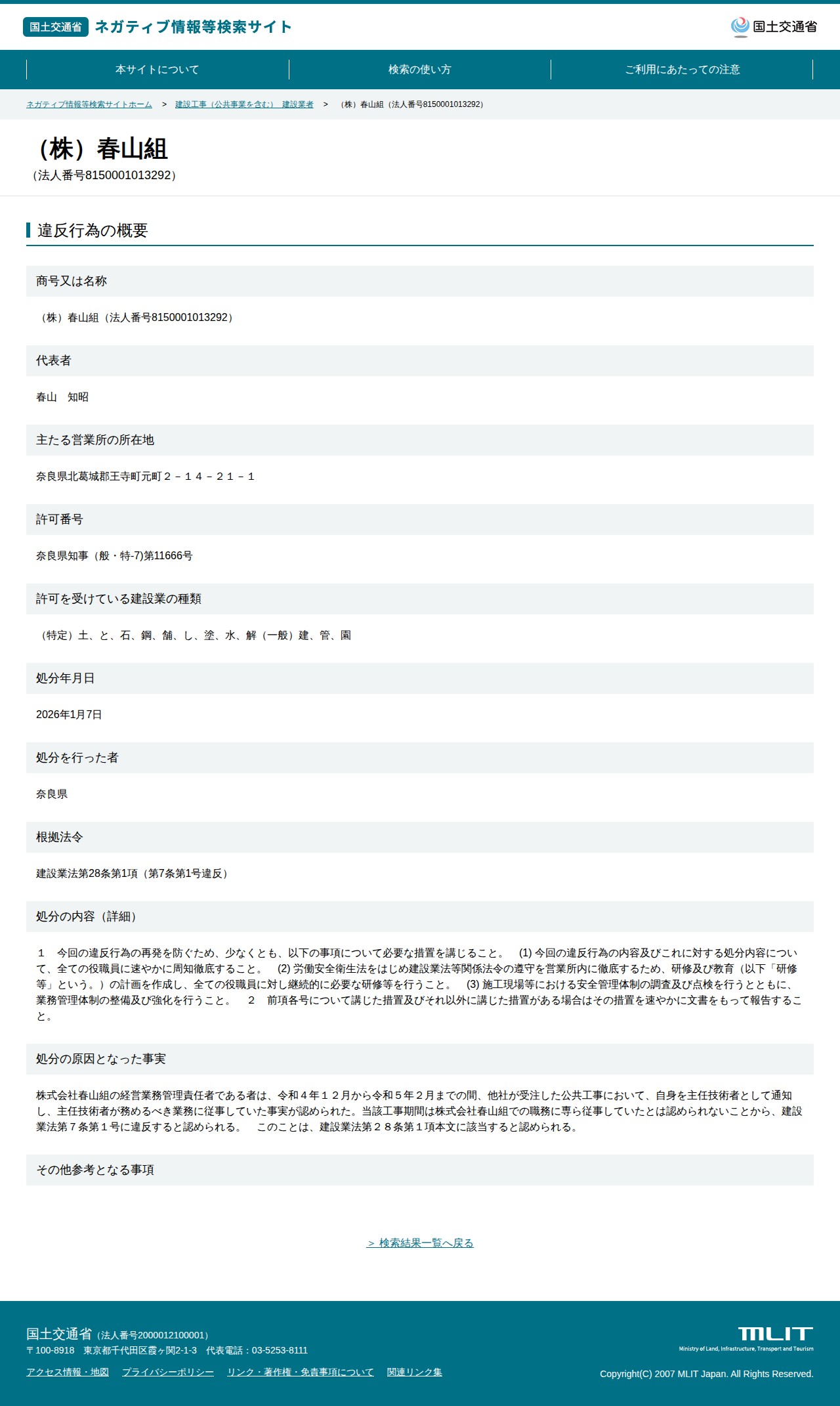 (株)春山組(法人番号8150001013292) - 国土交通省 ネガティブ情報等検索サイト - 保存されたスクリーンショット