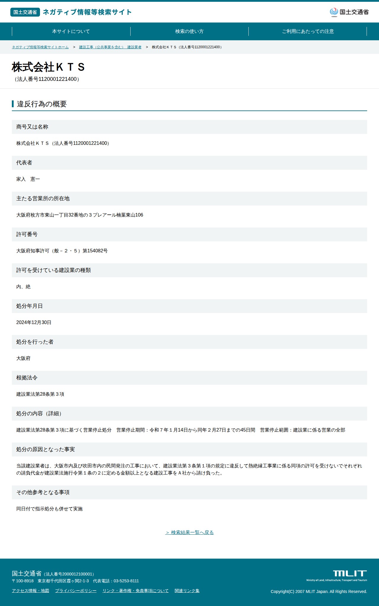 株式会社KTS(法人番号1120001221400) - 国土交通省 ネガティブ情報等検索サイト - 保存されたスクリーンショット