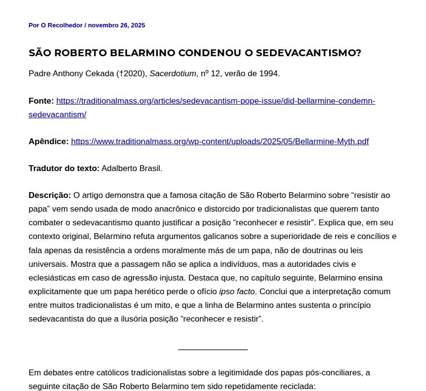 São Roberto Belarmino condenou o sedevacantismo? - O Recolhedor - 保存されたスクリーンショット