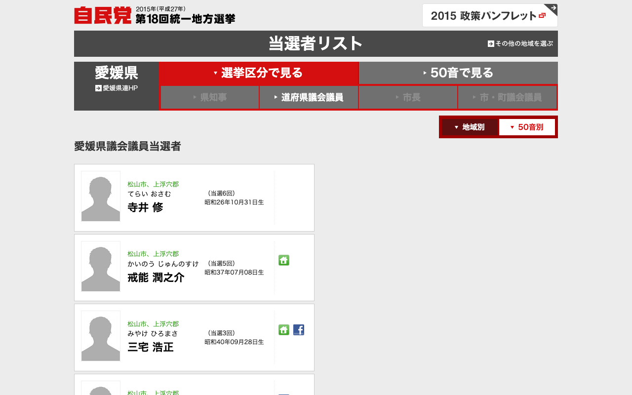 愛媛県 当選者一覧 「地方こそ、成長の主役」平成27年度 第18回 統一地方選挙|自由民主党 - 保存されたスクリーンショット
