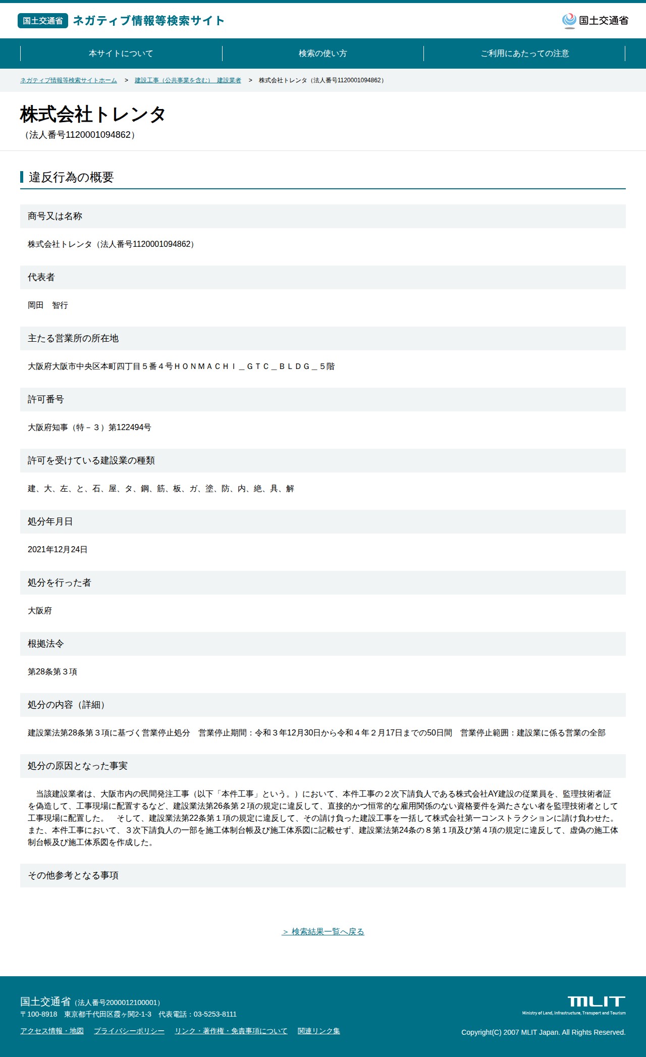 株式会社トレンタ(法人番号1120001094862) - 国土交通省 ネガティブ情報等検索サイト - 保存されたスクリーンショット