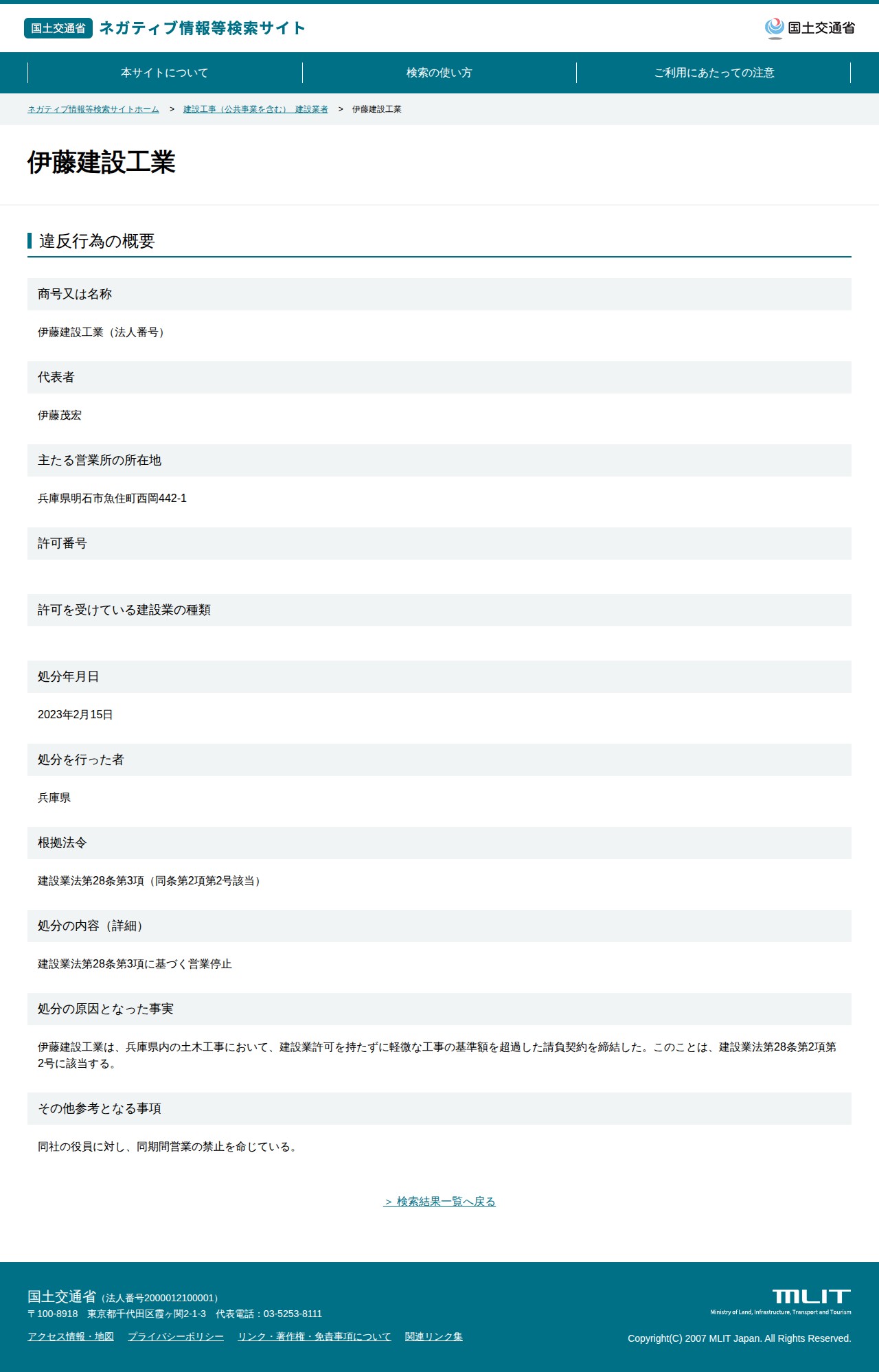 伊藤建設工業 - 国土交通省 ネガティブ情報等検索サイト - 保存されたスクリーンショット