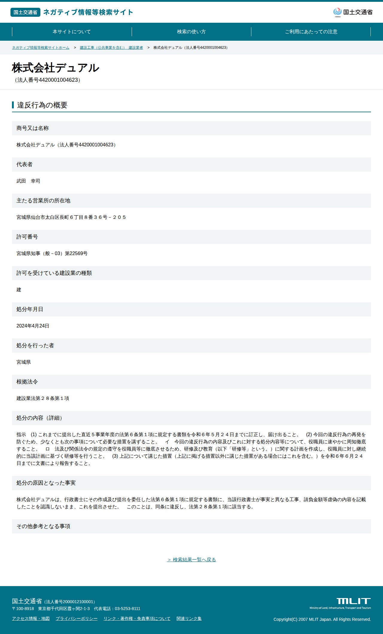 株式会社デュアル(法人番号4420001004623) - 国土交通省 ネガティブ情報等検索サイト - 保存されたスクリーンショット