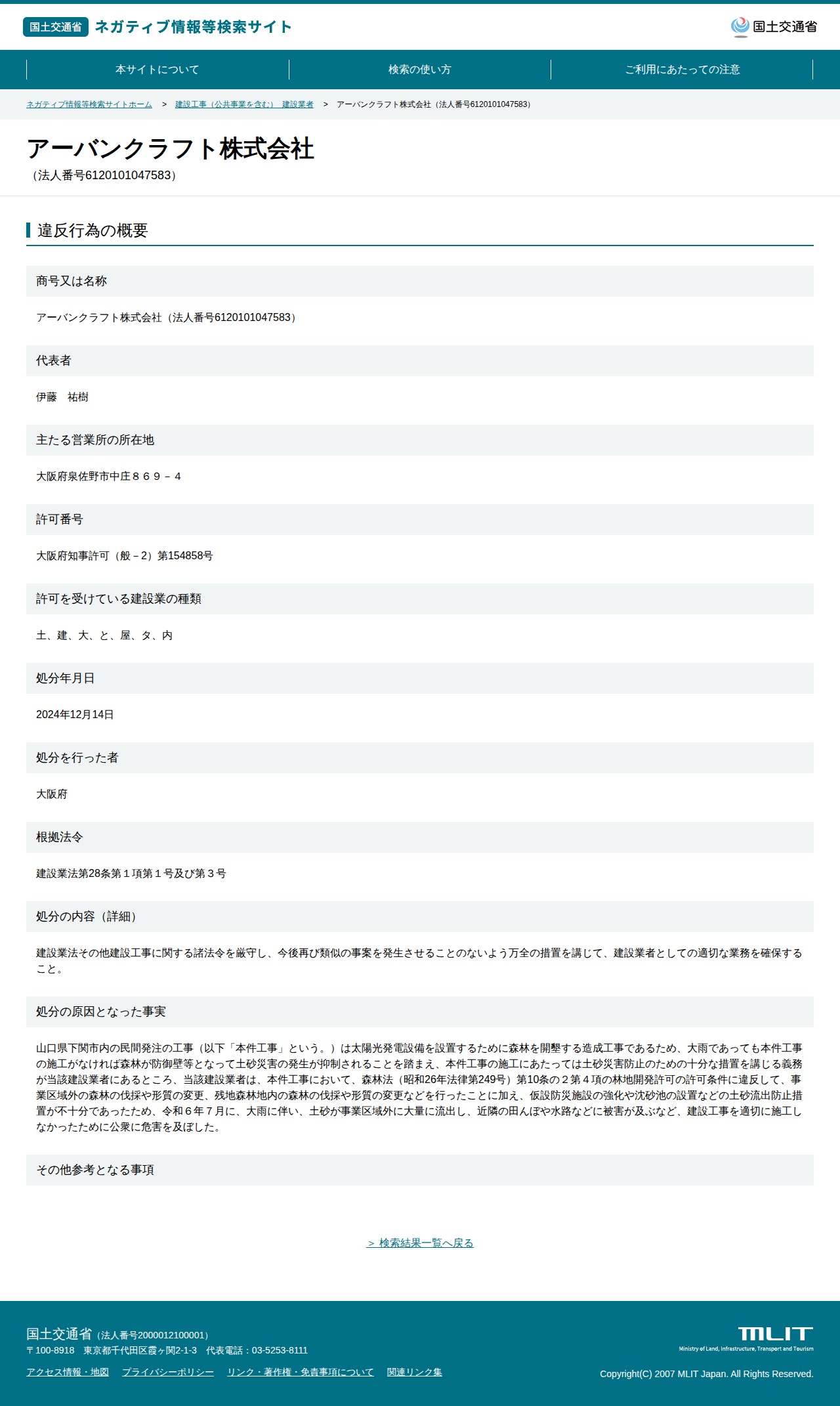アーバンクラフト株式会社(法人番号6120101047583) - 国土交通省 ネガティブ情報等検索サイト - 保存されたスクリーンショット