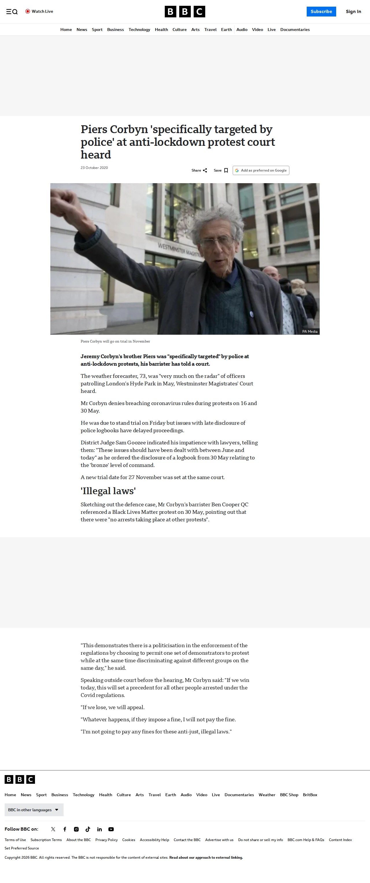 Piers Corbyn 'specifically targeted by police' at anti-lockdown protest court heard - 保存されたスクリーンショット
