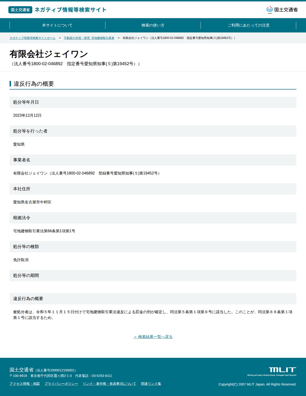有限会社ジェイワン(法人番号1800-02-046892 指定番号愛知県知事(5)第19452号)) - 国土交通省 ネガティブ情報等検索サイト - 保存されたスクリーンショット
